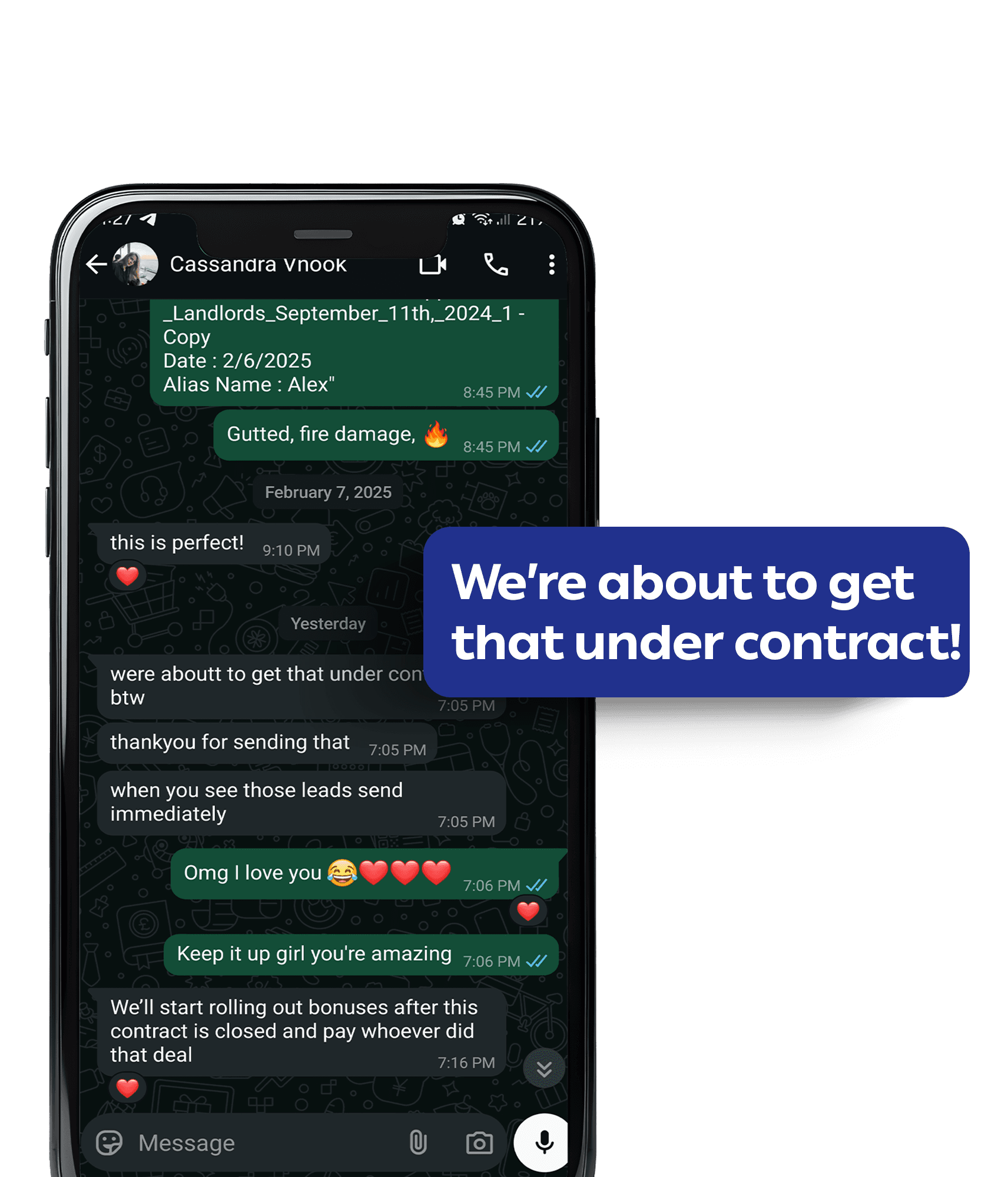 Client texting The Dial Force about a first-call-to-contract win